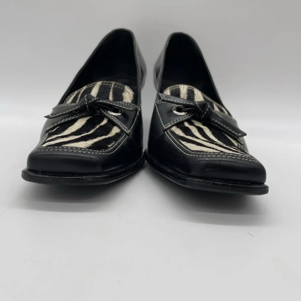 Franco Sarto Womens 6.5 Shoes Zebra Kitten Heel Square Toe Bow Tie Black Leather